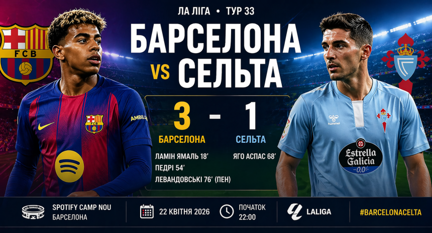 матч Барселона – Сельта 22 квітня 2026. Рахунок 1:0, гол Ламіна Ямаля з пенальті, травми ключових гравців, детальна статистика матчу, хід гри та висновки
