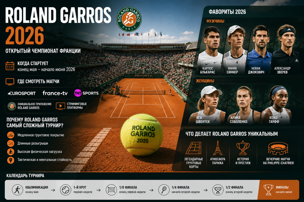 Когда стартует Roland Garros 2026, где смотреть матчи French Open, кто считается фаворитом турнира и какие теннисисты могут побороться за титул в Париже.