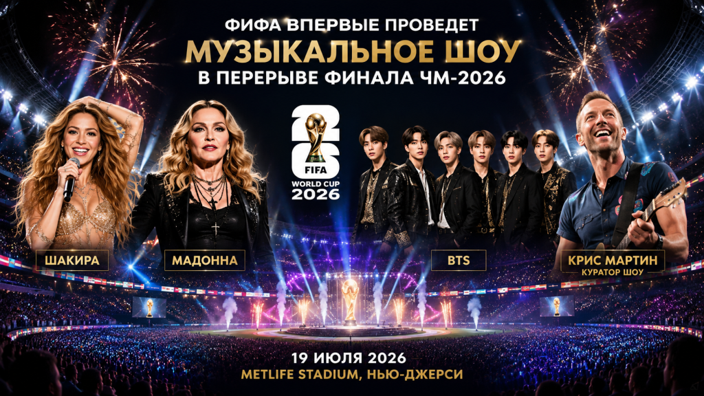 ФИФА впервые организует музыкальное шоу в перерыве финала ЧМ-2026. На сцене выступят Шакира, Мадонна и BTS, куратором станет Крис Мартин.