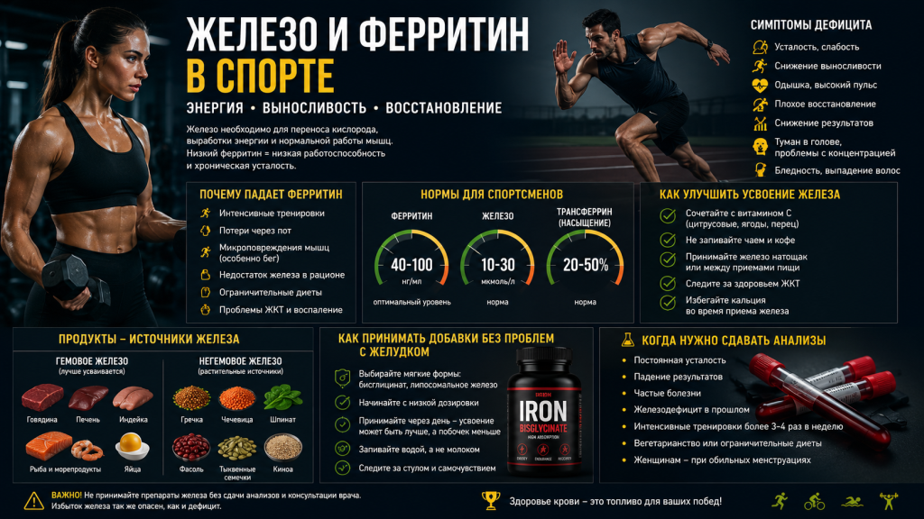 Как спортсмену поднять железо и ферритин без проблем с желудком, какие продукты реально помогают, когда нужны добавки и как избежать дефицита при тренировках.