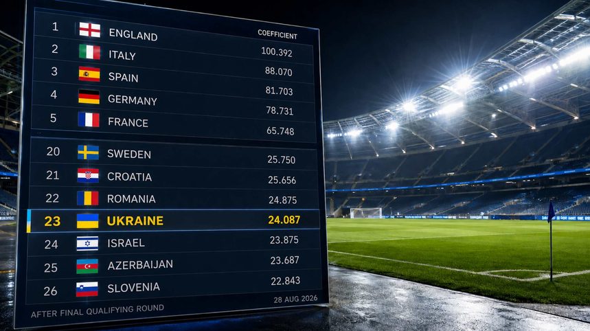Украина сохранила 23-е место в таблице коэффициентов УЕФА на 28 августа 2026 года. Отрыв от Израиля сократился до 0,212 балла после квалификации.