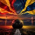 Мяч и клубные цвета на фоне Босфора — иллюстрация дерби Галатасарай — Фенербахче