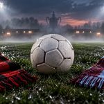Мяч и шарфы красно-черных и бордово-голубых цветов на футбольном поле