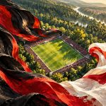 Байер — Фрайбург: авторская иллюстрация футбольного поля в цветах команд, не фотография матча