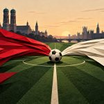 Иллюстрация к матчу Бавария — Арсенал: футбольное поле и красно-белые формы между силуэтами Мюнхена и Лондона