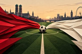 Иллюстрация к матчу Бавария — Арсенал: футбольное поле и красно-белые формы между силуэтами Мюнхена и Лондона