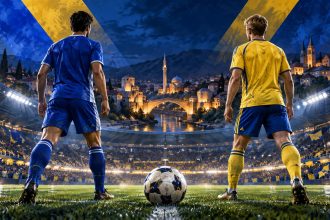 Иллюстрация Босния и Герцеговина — Швеция: футболисты в синей и жёлтой форме на фоне стадиона