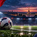 Иллюстрация к матчу ПСЖ — Лион: футбольное поле и вечерний Париж