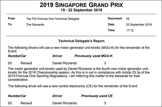 В FIA подтвердили замены MGU-K и СЕ на машине Риккардо